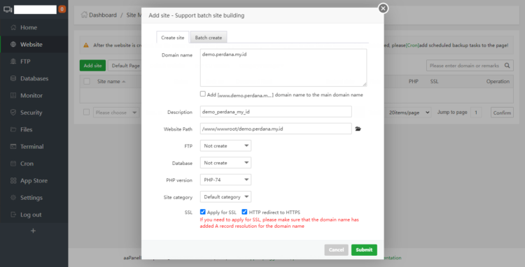 configure new website aaPanel